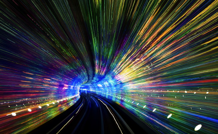 Tunnel In Shanghai, blue, green, and yellow light rays, Asia, China, Lights, City, Night, Tunnel, Traffic, Shanghai, HD wallpaper