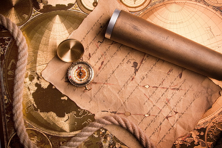 коричневый свиток, карта, веревка, компас, рукопись, HD обои