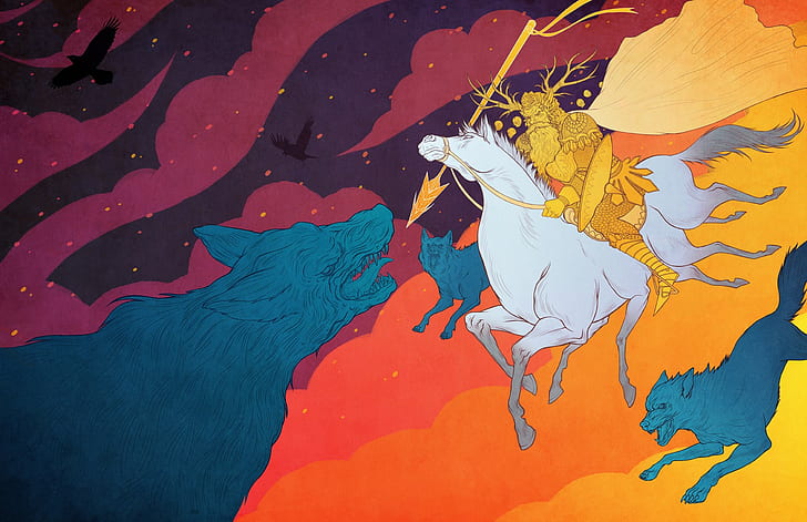 mythology, wolf, clouds, horse, Odin, Huginn, Muninn, Sleipnir, Fenris, Geri, Freki, Gungnir, horse riding, colorful, myth, fantasy art, HD wallpaper