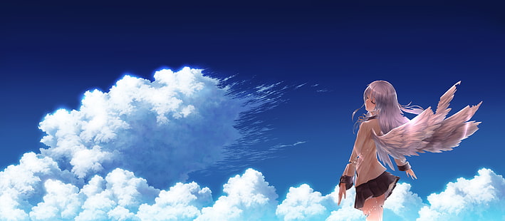 illustration avec des ailes, ange, Angel Beats!, anime, filles de l'anime, uniforme scolaire, écolière, ciel, nuages, ailes, Tachibana Kanade, Fond d'écran HD HD wallpaper