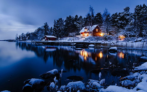 Winterabend Forest Night, Natur, Winter, Wald, See, Abend, Nacht, HD-Hintergrundbild HD wallpaper