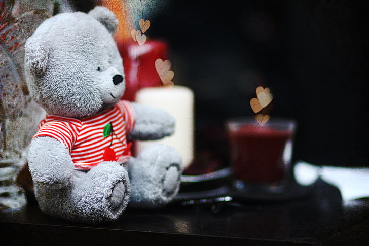 плюшевая игрушка серый медведь, милая, мишка, свечи, сердечки, мишка, любовь, HD обои