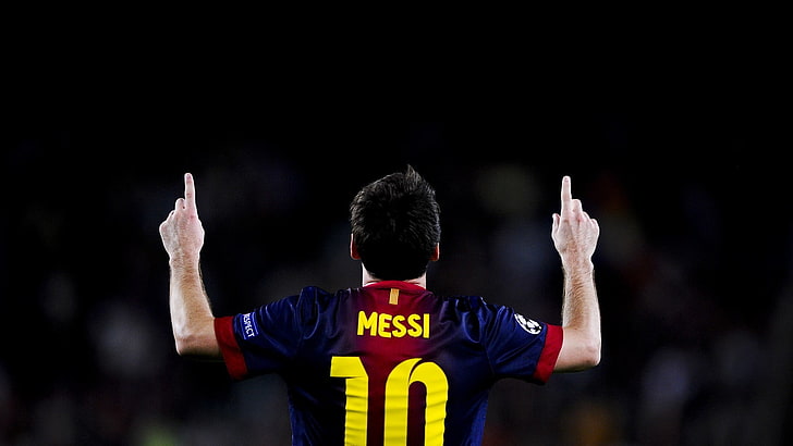 fotografi fokus selektif Lionel Messi menghadap ke belakang, Leo Messi, sepak bola, Wallpaper HD