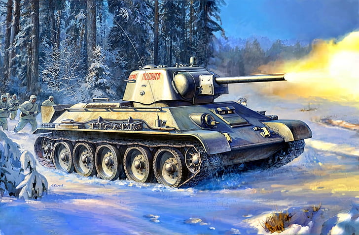 Zima, Śnieg, Las, Czołg, T-34, Armia Czerwona, Żołnierze, Wielka Wojna Ojczyźniana, Tapety HD