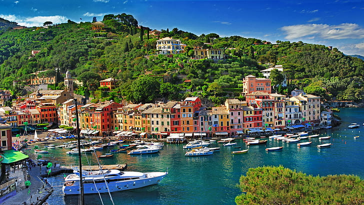 Italia, Portofino, mare, barche, case, edifici, città, yacht, barca a vela e buldings, Italia, Portofino, mare, barche, case, edifici, città, Sfondo HD