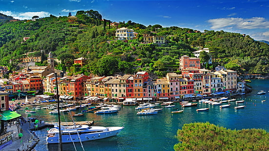 Italy, Portofino, sea, boats, houses, buildings, city, yacht, sailboat and buldings, Italy, Portofino, Sea, Boats, Houses, Buildings, City, HD wallpaper HD wallpaper