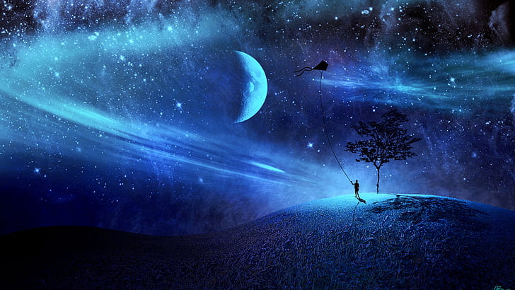 Fantasiekunst, süße Träume, Nachthimmel, Drachensteigen, Drachensteigen, Drachen, Nebel, einsamer Baum, Dunkelheit, Hügel, Fantasielandschaft, Scifi, Nacht, Planet, HD-Hintergrundbild