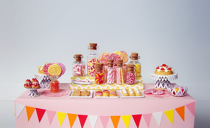 Miniature Dessert, pink tablecloth, Cute, Colorful, Happy, Candy, Macro, Sweet, Childish, happiness, delicious, Candies, sweetshop, HD wallpaper