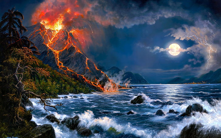 airbrushing, artistic, clouds, digital art, fantasy, fire, flames, forest, jungle, landscapes, lava, moon, moonlight, night, ocean, paintings, sea, seascape, skies, trees, volcano, waves, HD wallpaper