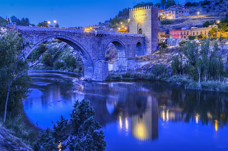 Puente de San Martin, Toledo, castle with bridge, Puente de San Martin, Toledo, Spain, river, bridge, evening, lights, slope, house, tower, sky, HD wallpaper