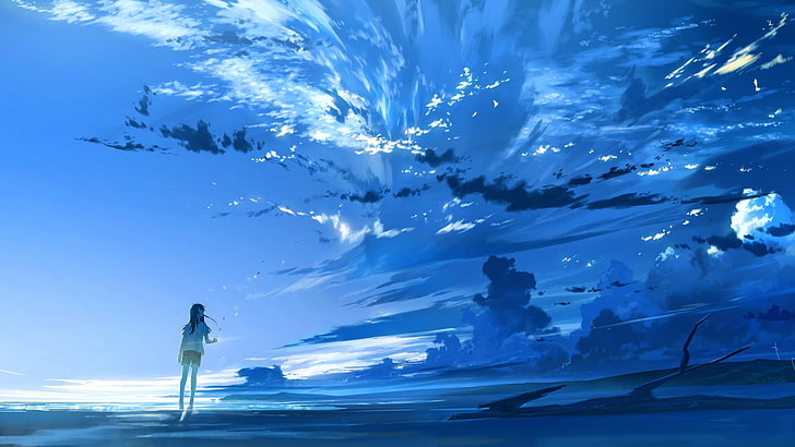 голубое небо, аниме, аниме девушка, лето, голубое небо, лето, аниме девушка, HD обои
