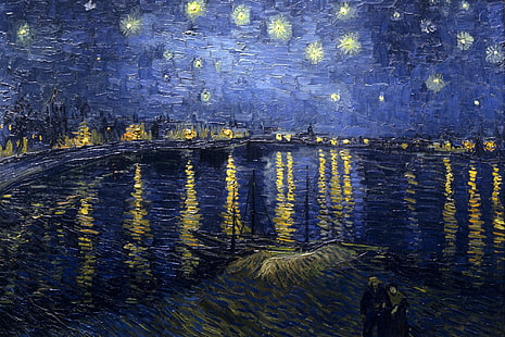 barco sobre cuerpo de agua pintura, pintura, Vincent van Gogh, estrellas, reflexión, agua, barco, arte clásico, Fondo de pantalla HD HD wallpaper