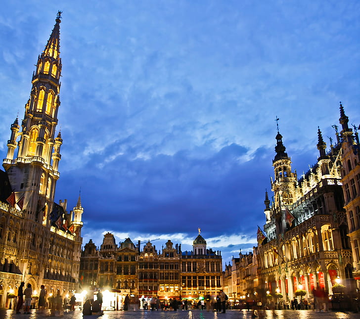 architectural photography of plaza near castle, grand place, grand place, Grand Place, architectural photography, plaza, castle, Flandes, ciudad, luces, bruselas, brussels  city, buildings, night  lights, cloudy, foto, imagen, fotografia, pic, image, photographer, architecture, famous Place, night, europe, tower, illuminated, travel, urban Scene, history, tourism, HD wallpaper