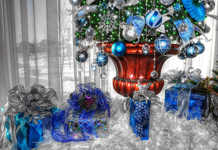 regalos, árbol de navidad, decoraciones para árboles de navidad, florero, feriado, regalos, árbol de navidad, decoraciones para árboles de navidad, florero, feriado, Fondo de pantalla HD