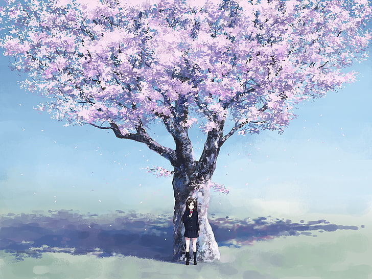 紫の葉の木の壁紙、桜、春、アニメ、さくら、女の子の近くに立っている女性アニメキャラクター、 HDデスクトップの壁紙