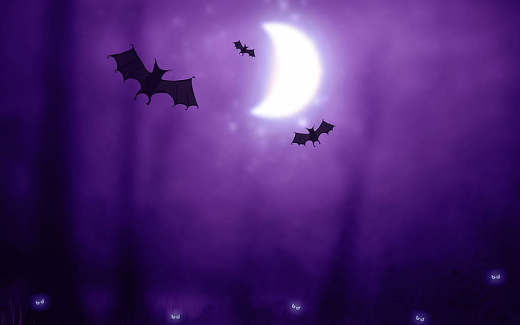ハロウィーンのコウモリ、月の芸術、ハロウィーン、コウモリ、お祝いと紫色の空の下で3つのコウモリ、 HDデスクトップの壁紙