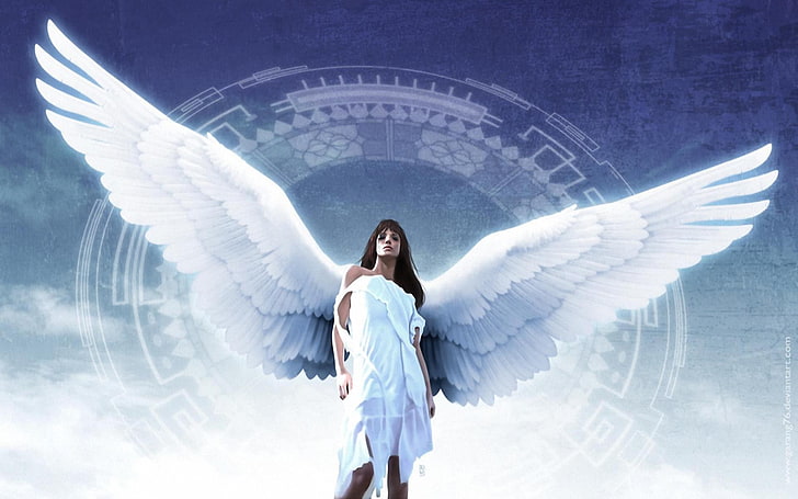 mulher vestida de branco anjo ilustração, anjo, asas, HD papel de parede
