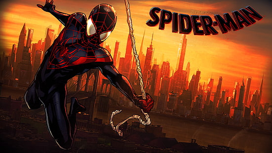araña, Spider-Man, Spiderman de traje negro, Marvel Comics, cómics, Miles Morales, Spider-Man: Into the Spider-Verse, películas animadas, películas, cómics, superhéroes, Fondo de pantalla HD HD wallpaper