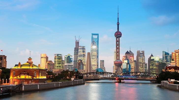 architecture cityscape bâtiment shanghai chine gratte ciel rivière pont tour lumières, Fond d'écran HD
