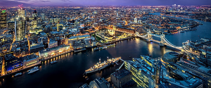 аэрофотосъемка Тауэрского моста, Лондон, Англия, огни города, городской пейзаж, река Темза, сумерки, HD обои