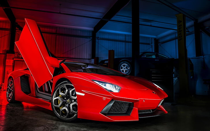 czerwone Lamborghini Aventador, samochód, luksusowe samochody, Lamborghini, Lamborghini Aventador, Tapety HD