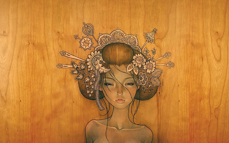 произведение искусства, Одри Кавасаки, женщины, рисунок, лицо, дерево, HD обои