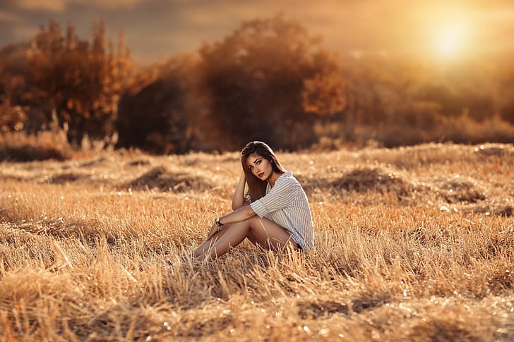 field, forest, look, girl, the sun, trees, pose, makeup, hairstyle, shirt, brown hair, legs, beautiful, sitting, photoshoot, on the grass, nature, Alessandro Di Cicco, The golden hour, HD wallpaper