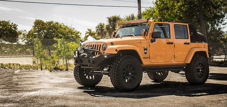 roda, monster, jeep, oranye, 4x4, offroad, jeep wrangler, pelek besar, ban, sahara, Wallpaper HD