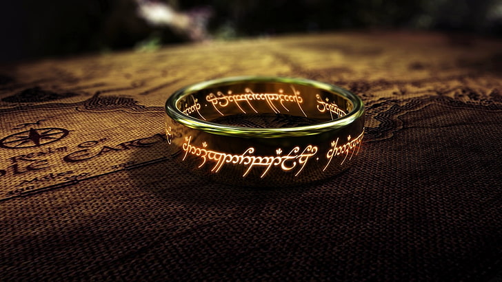 кольцо серебряного цвета, кольцо золотого цвета с белым текстом, «Одно кольцо», «Властелин колец», фэнтези-арт, фильмы, кольца, HD обои