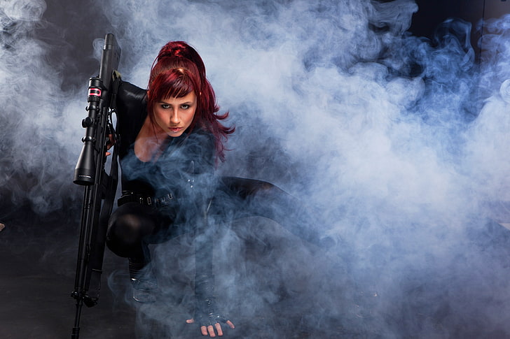 berambut merah, senapan sniper, wanita, asap, model, senjata, Wallpaper HD