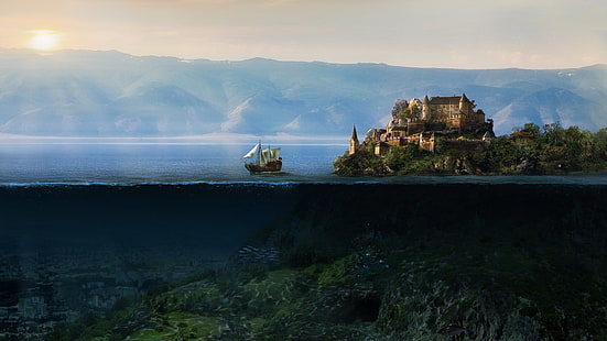 коричневый и белый галеон корабль, фэнтези-арт, подводный, парусный корабль, замок, затонувшие города, разделенный вид, HD обои HD wallpaper