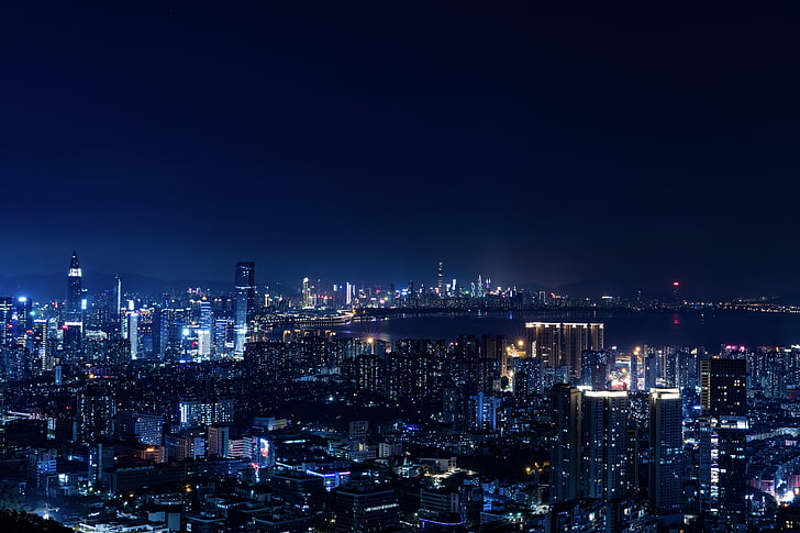 edifícios da cidade iluminada, cidade noturna, luzes da cidade, metrópole, noite, HD papel de parede