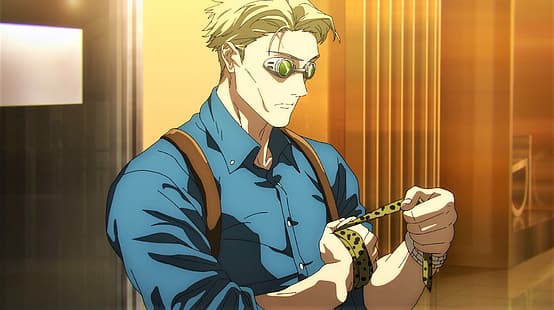 Jujutsu Kaisen, Kento Nanami, gravata, óculos de proteção, óculos, loira, músculos, carranca, anime, captura de tela do anime, meninos de anime, suspensórios, HD papel de parede HD wallpaper