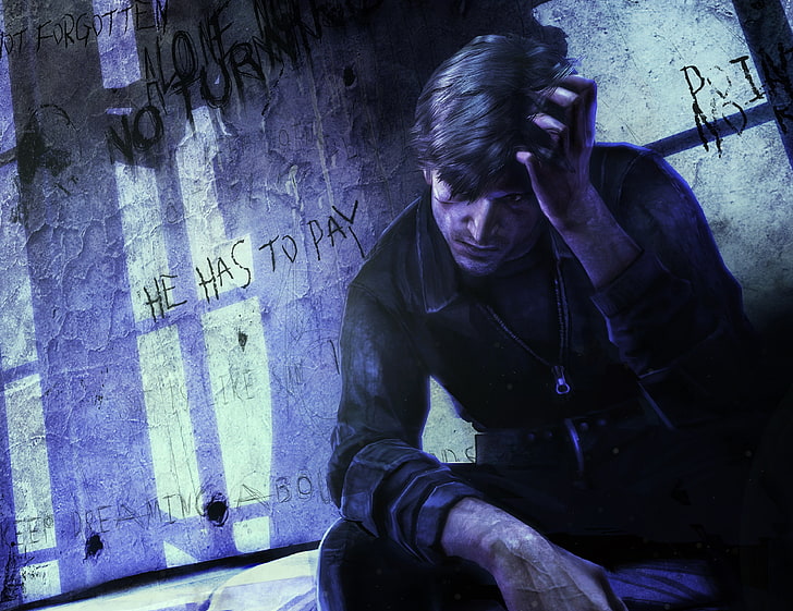 man scratching his hair illustration, labels, art, hero, shadows, grille, prison, main, Silent Hill downpour, Murphy Pendleton, HD wallpaper