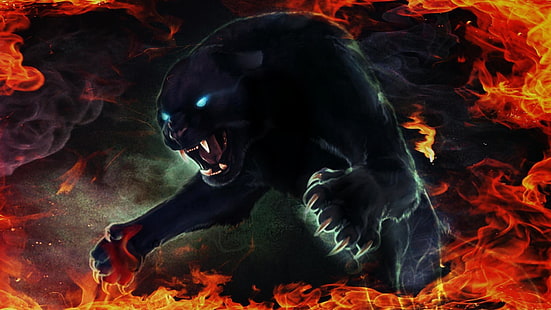 пантера, черная пантера, голубые глаза, огонь, пламя, коготь, цифровое искусство, HD обои HD wallpaper