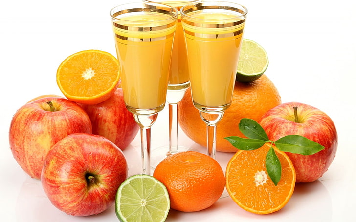 four red apples, glasses, juice, oranges, apples, limes, fruit, leaves, HD wallpaper