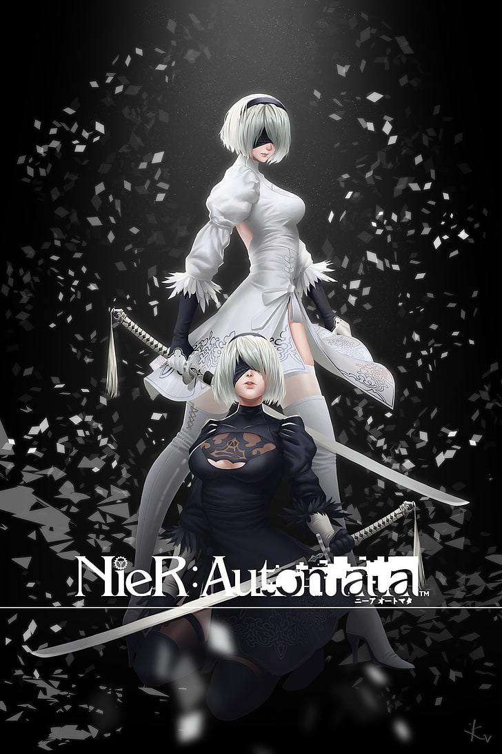 Nier Automata anime karaktär, klänning, klackar, klyvning, NieR, Nier: Automata, svärd, lårhöga, 2B (Nier: Automata), HD tapet, telefon tapet