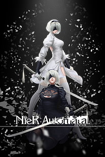 Postać z anime Nier Automata, sukienka, obcasy, dekolt, NieR, Nier: Automata, miecz, pończochy, 2B (Nier: Automata), Tapety HD HD wallpaper