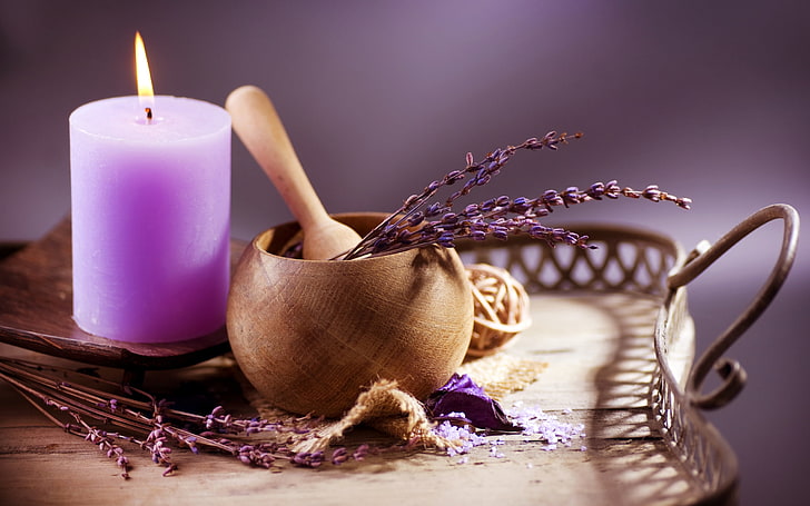 purple pillar candle and brown mortar and pestle, lavender, candle, mortar, cup, aromatherapy, HD wallpaper