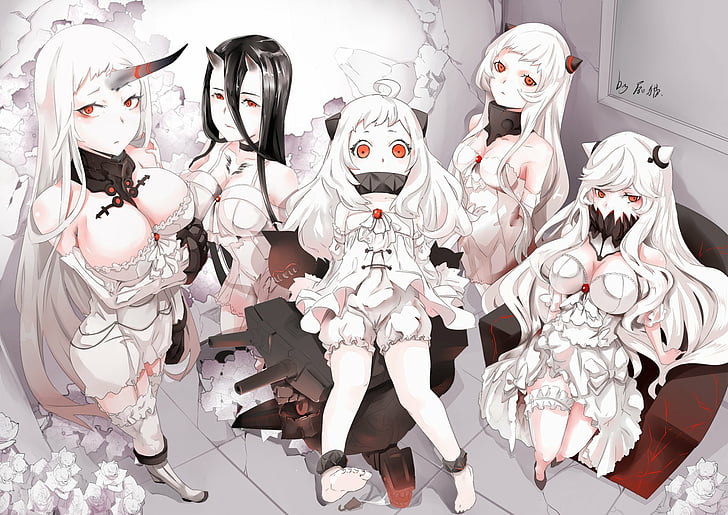 Anime, Kantai Collection, Airfield Hime, Battleship Symbiotic Hime, Black Hair, Bloomers, Dress, Flower, Horns, Long Hair, Midway Hime, North Ocean Hime, Red Eyes, Seaport Princess (Kancolle), High бедрата, бяла, бяла коса, HD тапет