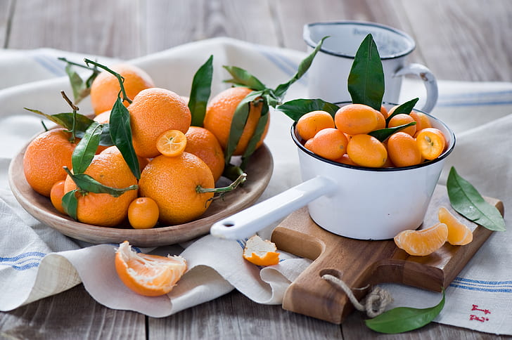leaves, oranges, dishes, Board, fruit, orange, peel, tangerines, Anna Verdina, kumquat, HD wallpaper