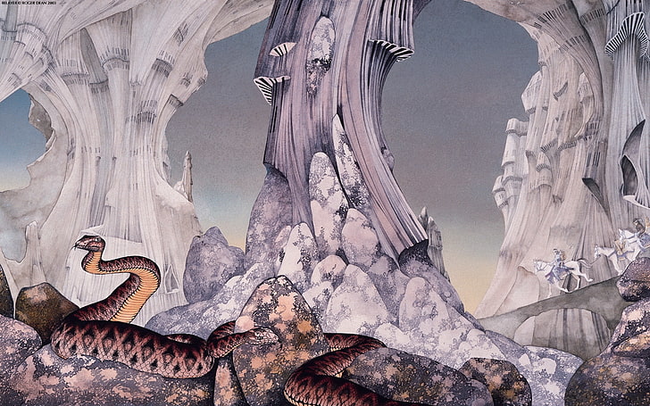 percorso musicale rocce serpenti cavalli classici roger dean copertine album equitazione 1974 copertina arte anni 70 sì relè animali cavalli arte HD, musica, percorso, Sfondo HD
