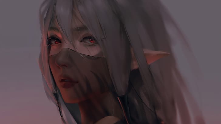 Anime-Mädchen, Schleier, rote Augen, spitze Ohren, HD-Hintergrundbild
