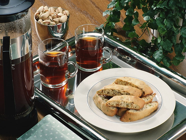 two clear glass tea mugs, tea, cookies, tray, breakfast, HD wallpaper