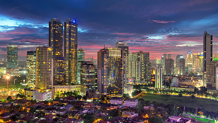 papier peint numérique de paysage urbain, ville, la ville, lumières, bâtiment, accueil, gratte-ciels, le soir, éclairage, Indonésie, mégapole, soirée, capitale, Jakarta, Fond d'écran HD