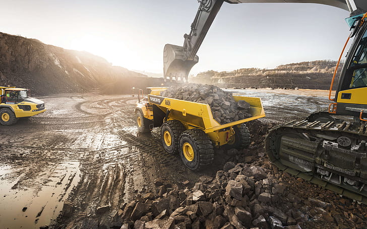 stones, Volvo, excavator, the ground, quarry, dump truck, loading, mining truck, Volvo A60H, big truck, HD wallpaper