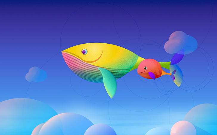الحيتان ، الملونة ، الحد الأدنى ، السماء الزرقاء ، الغيوم ، Deepin OS ، الأسهم ، 4K، خلفية HD