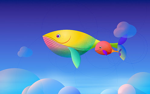 Whales, Colorful, Minimal, Blue sky, Clouds, Deepin OS, Stock, 4K, HD wallpaper HD wallpaper