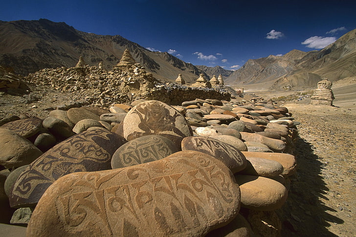 brown and gray stone lot, asia, mountains, stones, patterns, art, HD wallpaper