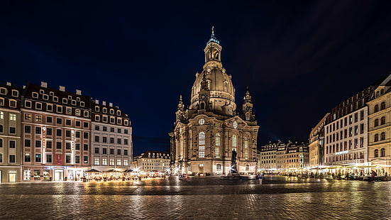 Dresden, Almanya, şehir gece, ışıklar, kare, binalar, Dresden, Almanya, Şehir, gece, ışıklar, Kare, binalar, HD masaüstü duvar kağıdı HD wallpaper